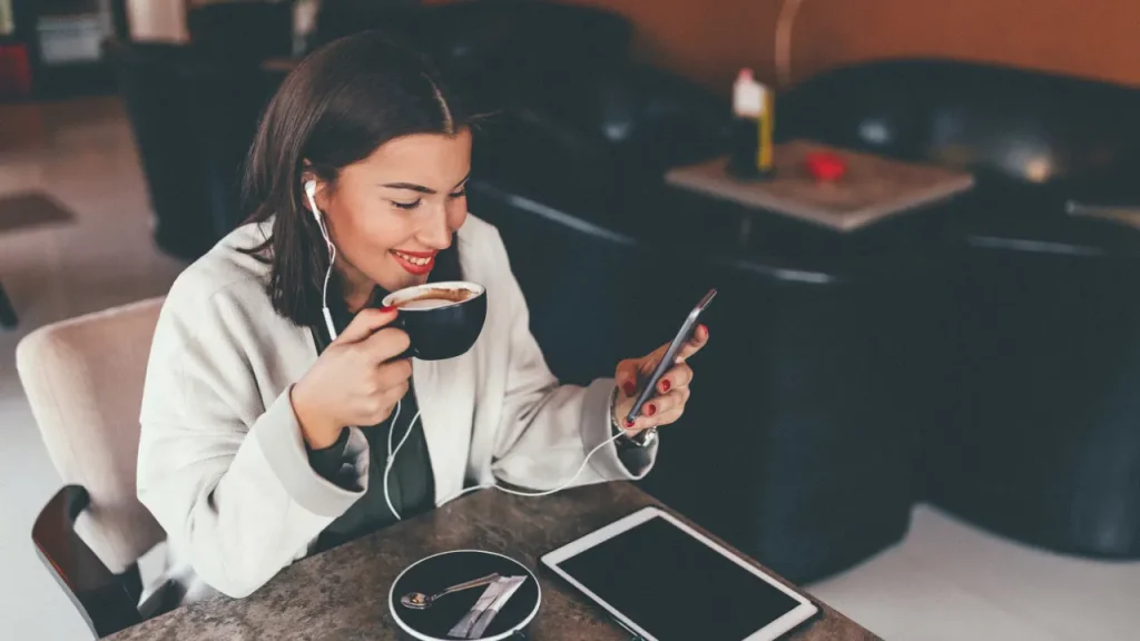 Lady having a cup of coffee. 