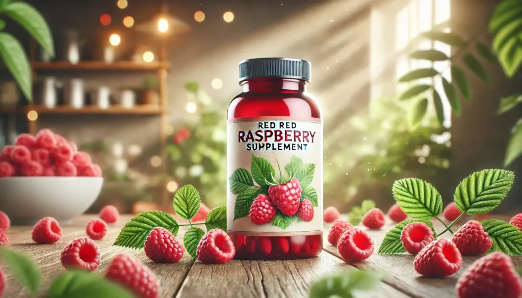 raspberry supplement bottle placed on a wooden surface. The bottle prominently displays a label with illustrations