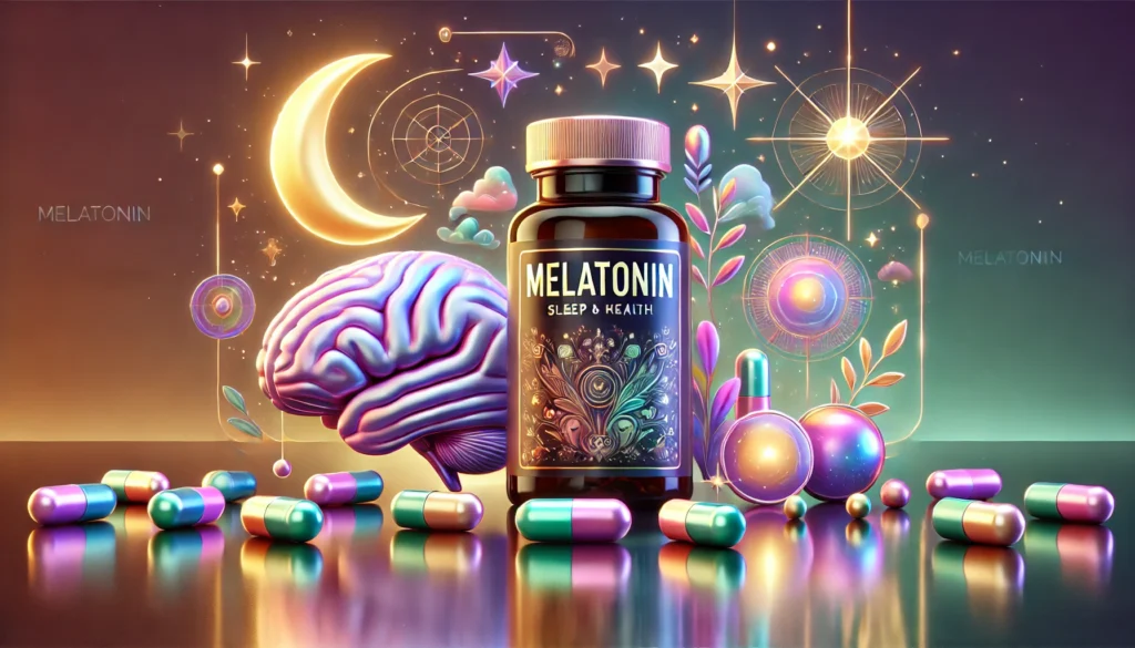 a bottle of melatonin supplements for sleep and brain health next to a group of colorful pills