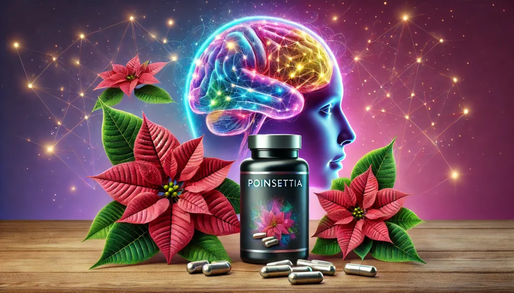 a bottle of Poinsettia pills and flowers