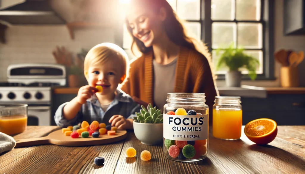 A mother and child at a kitchen table, with the child holding a focus gummy while smiling. A colorful jar of focus gummies sits on the table next to fresh fruit and herbs, symbolizing natural ADHD management in a warm, nurturing atmosphere.