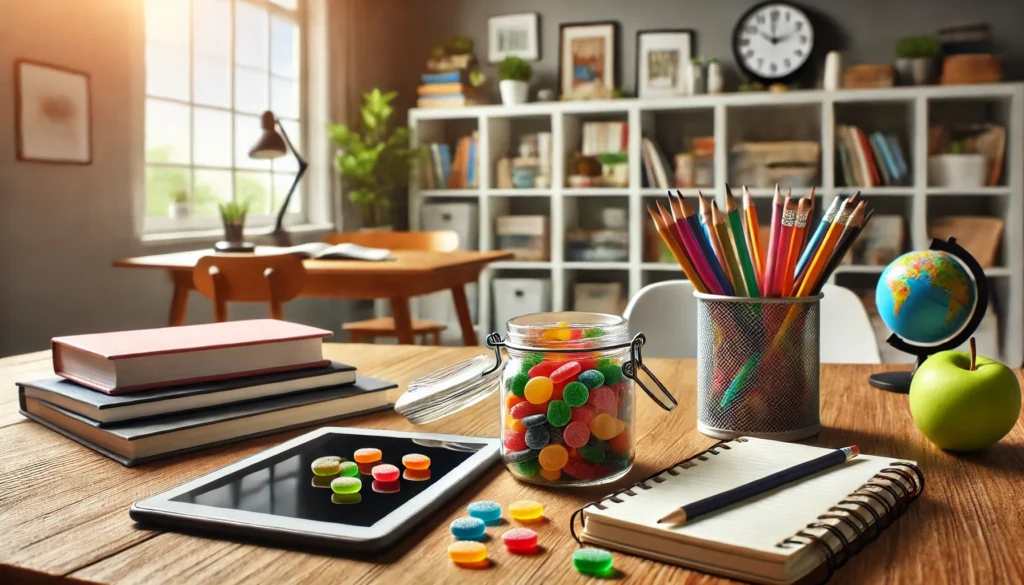 A modern child's study desk featuring a colorful jar of focus gummies for ADHD kids, surrounded by school supplies like notebooks, pencils, and a tablet. Natural light streams through a nearby window, emphasizing focus, learning, and ADHD management in a practical setting.