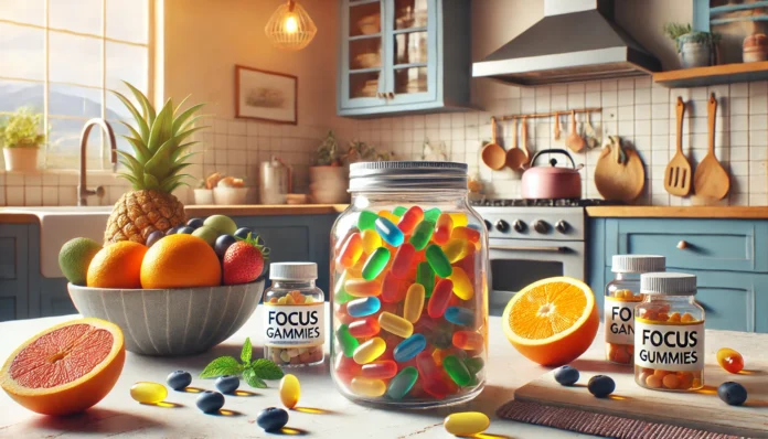 A colorful jar of focus gummies for ADHD kids displayed in a vibrant, child-friendly kitchen, surrounded by natural ingredients like blueberries, oranges, and fish oil capsules. The setting includes warm lighting and family-friendly decor, emphasizing health and ADHD management.