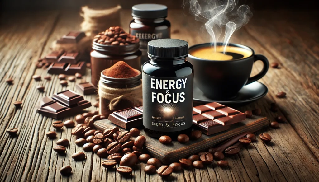 A close-up of energy and focus supplement bottles on a rustic wooden table, with scattered coffee beans, dark chocolate pieces, and a steaming cup of black coffee in the background, evoking energy and sharp focus.