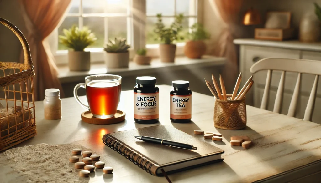 A clean and modern workspace featuring a bottle of energy and focus supplements on a minimalist desk, accompanied by a laptop, a cup of coffee, and a small plant, illuminated by natural light.