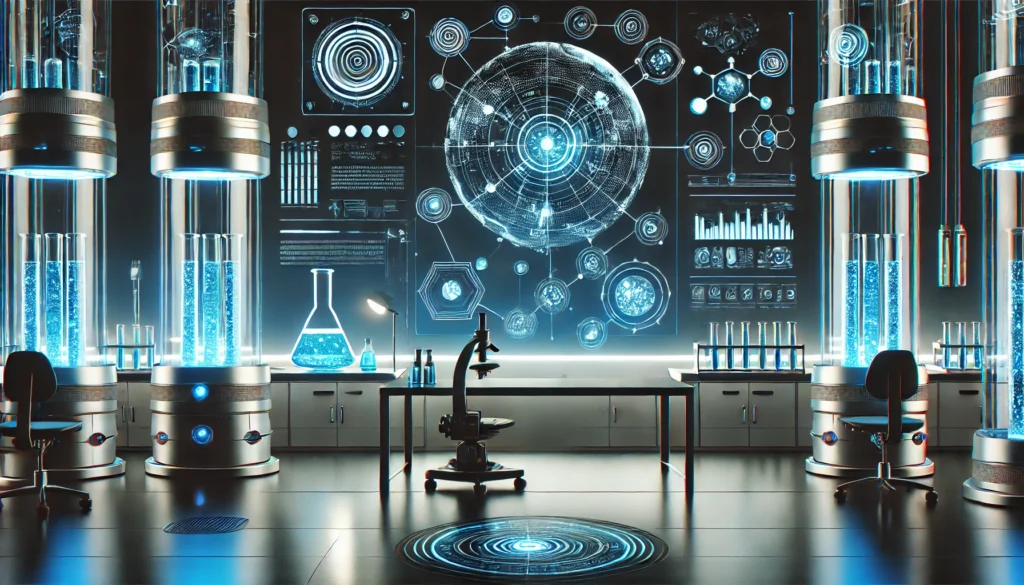 A futuristic lab with high-tech equipment and glowing blue accents, symbolizing innovation and research in the focus formula for cognitive performance.