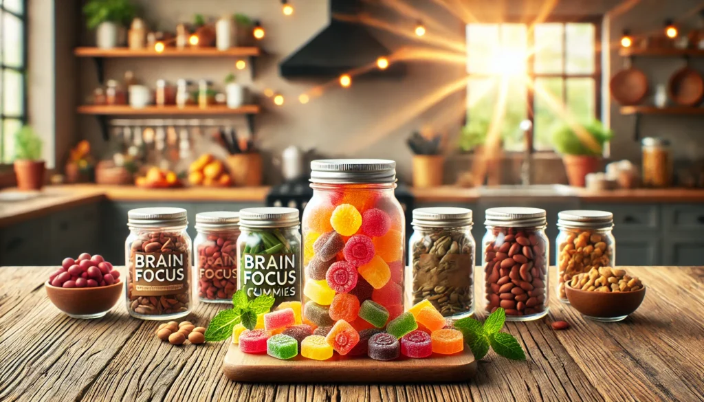 Brain focus gummies arranged on a wooden kitchen countertop with jars of nootropic ingredients like herbs and seeds, set in a warm, naturally lit kitchen environment.