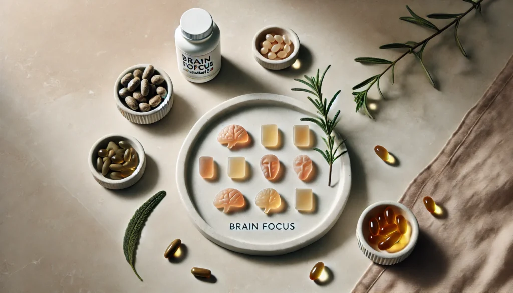 Minimalistic display of brain focus gummies on a marble surface with small bowls of ingredients like ginkgo leaves, omega-3 capsules, and rosemary, highlighted by soft lighting.