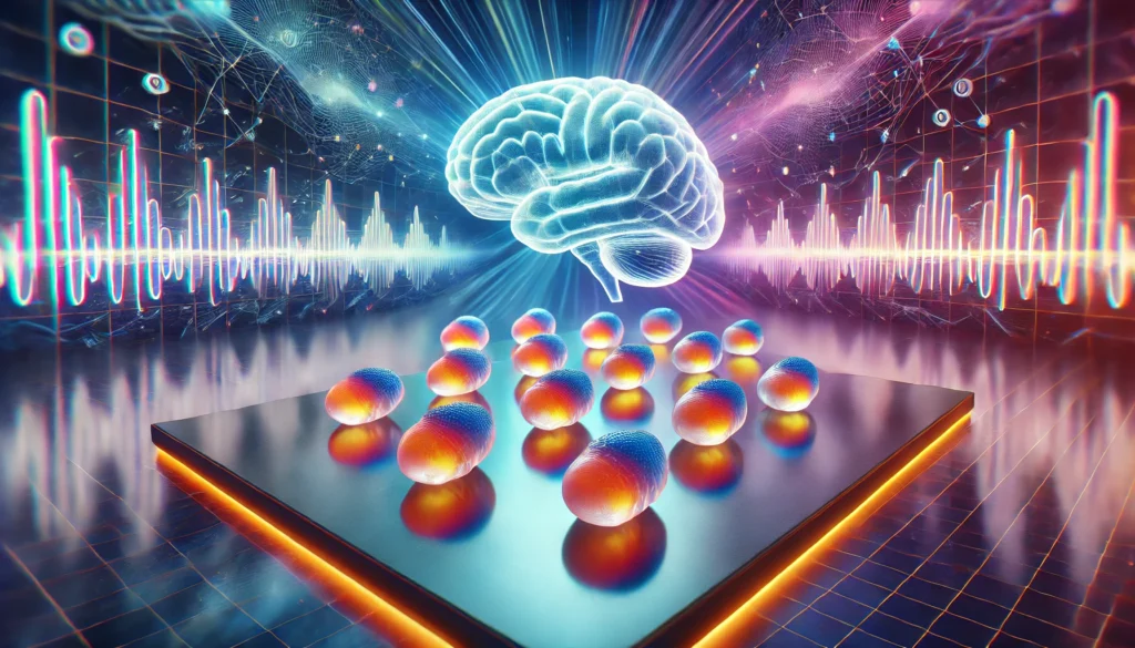 Futuristic visualization of brain focus gummies on a reflective surface with glowing accents and abstract brainwave patterns in vibrant blue and purple tones, symbolizing cognitive enhancement.