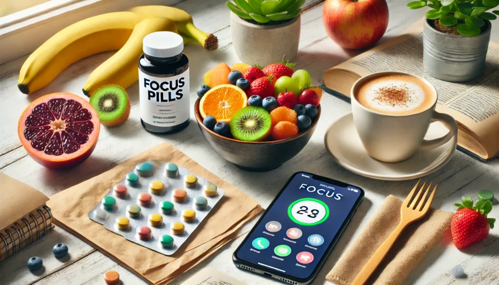 A morning routine setup featuring a breakfast table with a bowl of fresh fruit, a bottle of focus pills, a cup of coffee, and a smartphone showing a productivity app. The scene is illuminated by natural light, highlighting the vibrant colors and promoting a healthy and focused start to the day.