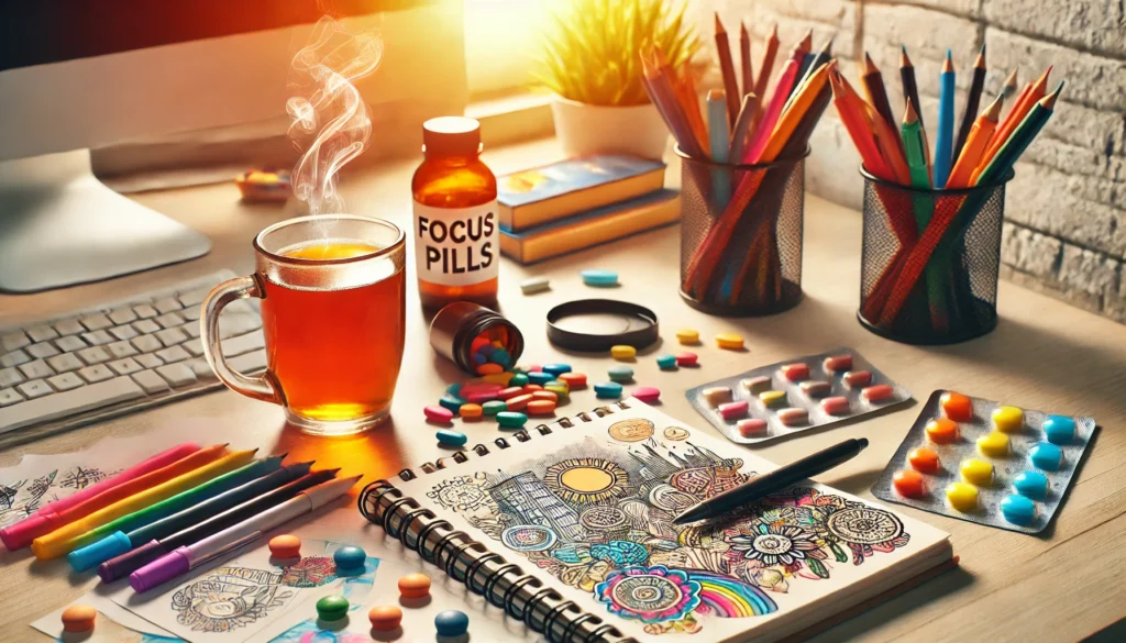 A creative workspace featuring a desk with a sketchpad filled with colorful doodles, a bottle of focus pills beside a steaming cup of tea, and scattered markers. Bright sunlight illuminates the scene, fostering an inspiring environment for creativity and productivity.