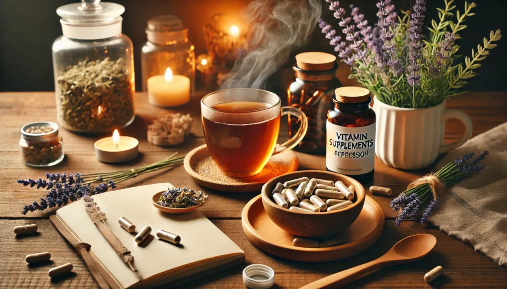 A cozy setting showcasing vitamin supplements for depression on a wooden table with an open bottle of capsules, a steaming herbal tea, a notebook, and lavender sprigs, evoking relaxation and wellness with warm lighting.