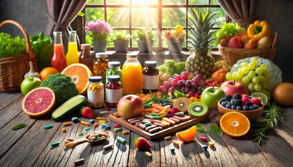 A vibrant and natural setting featuring vitamin supplements for depression, displayed with colorful fruits, vegetables, and supplement bottles on a rustic wooden surface, with sunlight streaming through a window to promote health and vitality.