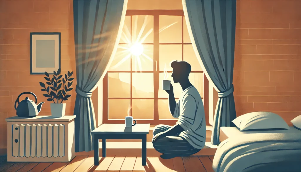 A person enjoying a peaceful morning routine, sipping a warm drink by a window with sunlight streaming in. The scene symbolizes the benefits of a well-rested night and a calm, refreshing start to the day.