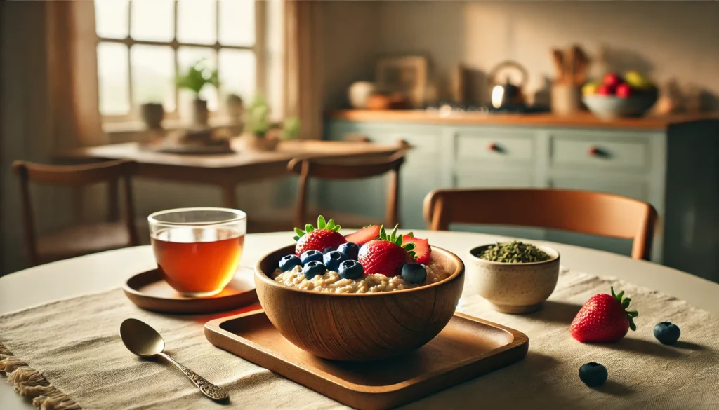 A minimalist dining table with a wooden bowl of oatmeal garnished with berries and seeds, surrounded by soft natural light, emphasizing a peaceful morning or evening meal.