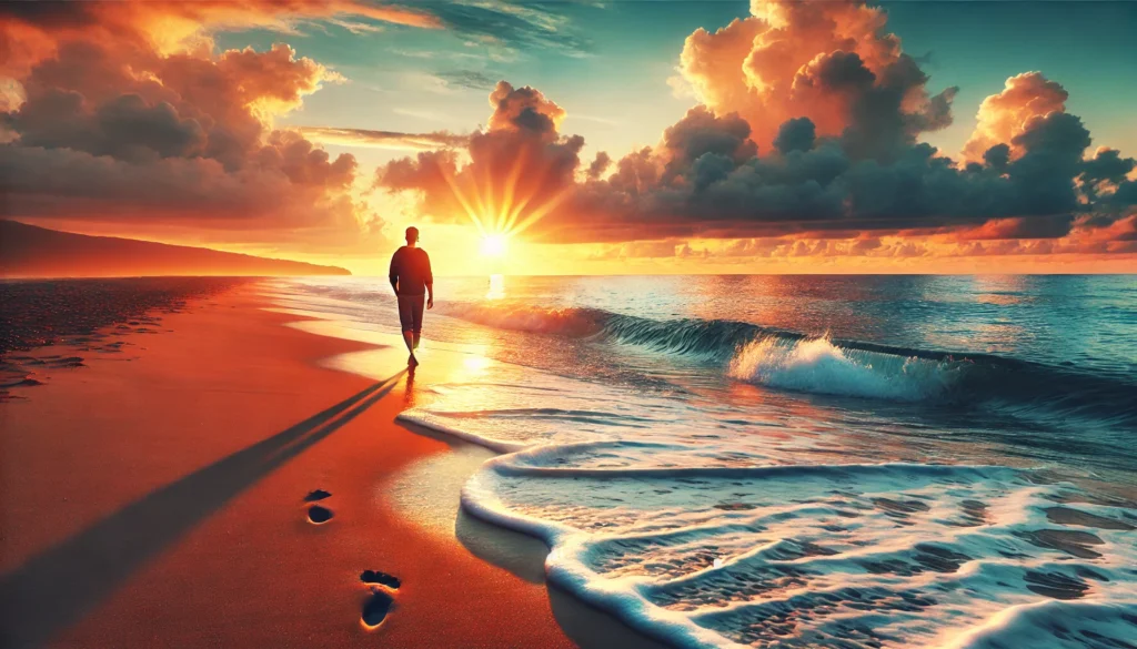 A scenic beach at sunset with gentle waves washing ashore, and a person walking barefoot along the water’s edge, symbolizing peace, reflection, and stress relief.