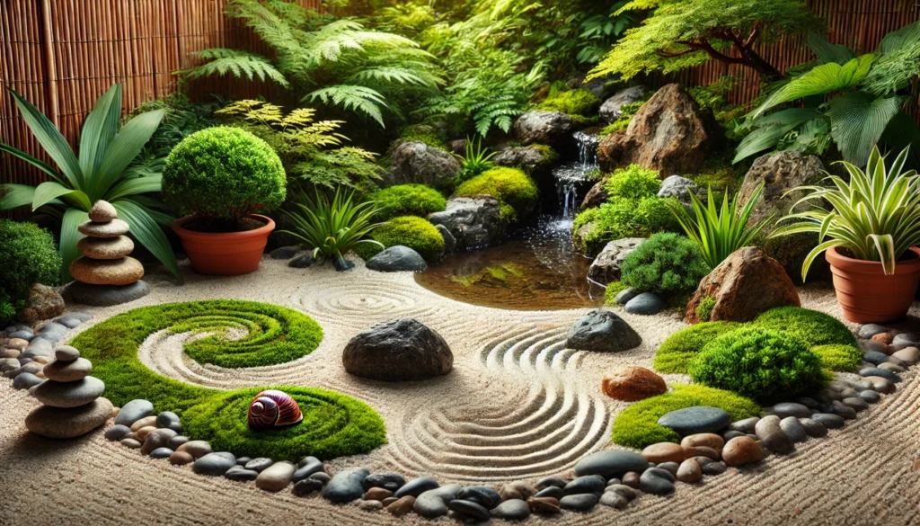 A serene zen garden with carefully arranged rocks, sand patterns, and a small water feature surrounded by vibrant greenery, evoking a peaceful and meditative atmosphere for stress relief.