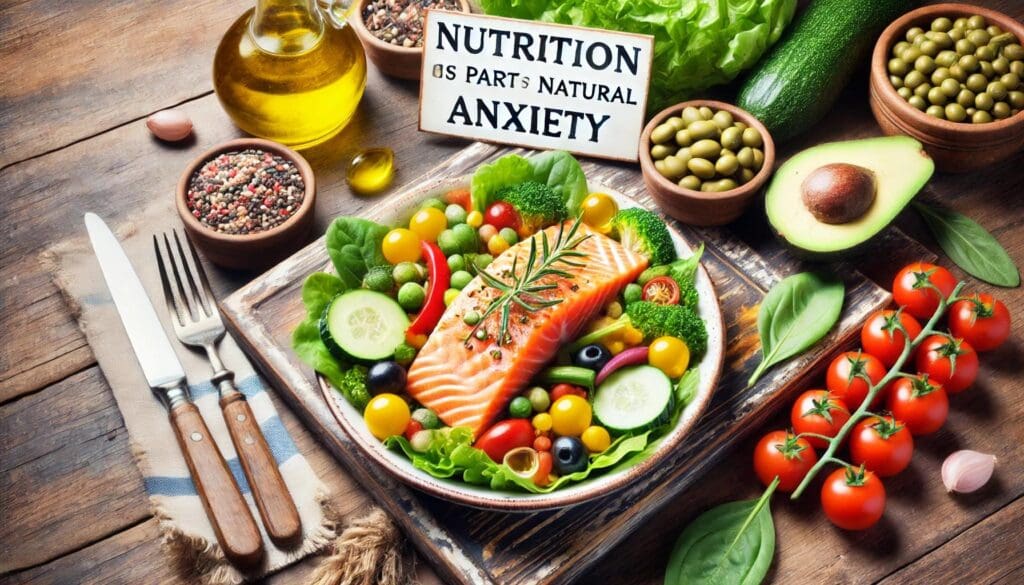 A vibrant image of a Mediterranean-style meal featuring omega-3 rich salmon, colorful vegetables, and a drizzle of olive oil, emphasizing nutrition as part of natural anxiety management. The meal is presented on a rustic wooden table, with a bright, healthful ambiance