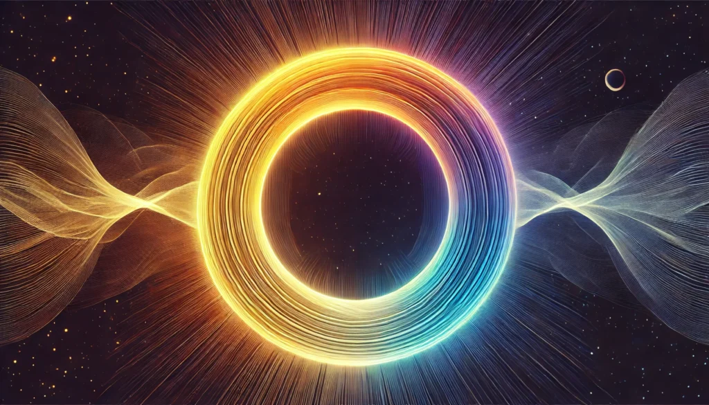 An abstract glowing circular gradient of colors transitioning seamlessly from warm orange and yellow to cool blue and purple, forming a continuous loop. This visualization symbolizes the 24-hour circadian cycle and the balance between sleep and wakefulness, set against a dark background to enhance the radiant effect.