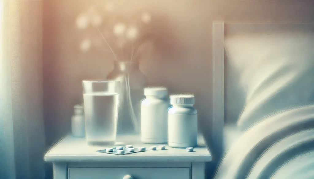 A serene and abstract bedside table scene with blurred outlines of pill bottles and a glass of water, set against a neutral-toned background, representing over-the-counter sleep aids in a calming and vague style.