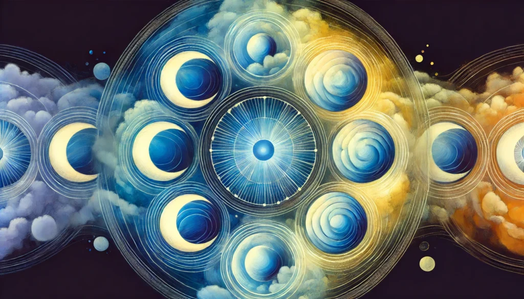 A dreamy abstract artwork showcasing the stages of the human sleep cycle, with overlapping circular patterns representing REM, non-REM, and deep sleep phases. The gradient of colors transitions from deep blue to light yellow, evoking a sense of tranquility and the rhythmic progression of sleep stages.