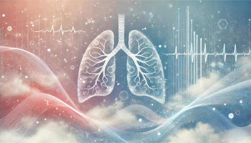 A calming abstract depiction of respiratory health with stylized airways and flowing patterns, set against a dreamy background. The design focuses on clear breathing for sleep apnea management, free from textual elements.