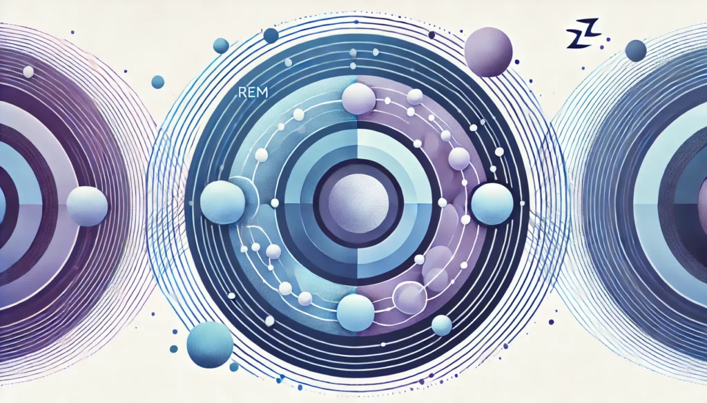 An abstract depiction of the sleep cycle, showcasing interconnected circular phases in calming hues of blue and purple. The design emphasizes the balance between REM and non-REM sleep, symbolizing restorative sleep associations, without any text or overlays.