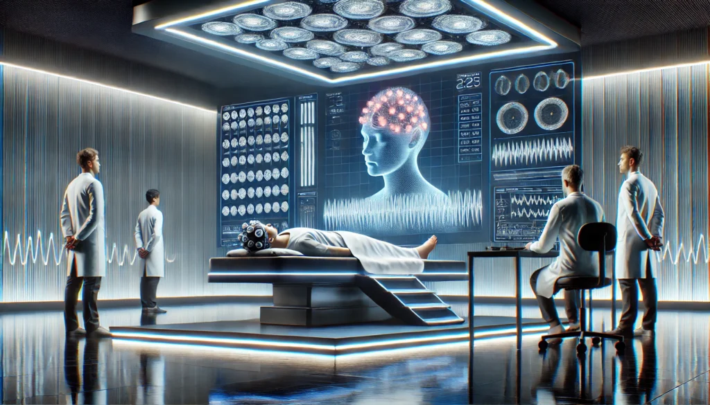 A futuristic sleep study lab featuring a subject lying on a high-tech bed with neural sensors attached to their head. Scientists analyze brainwave patterns on illuminated screens, showcasing advancements in sleep science and research.