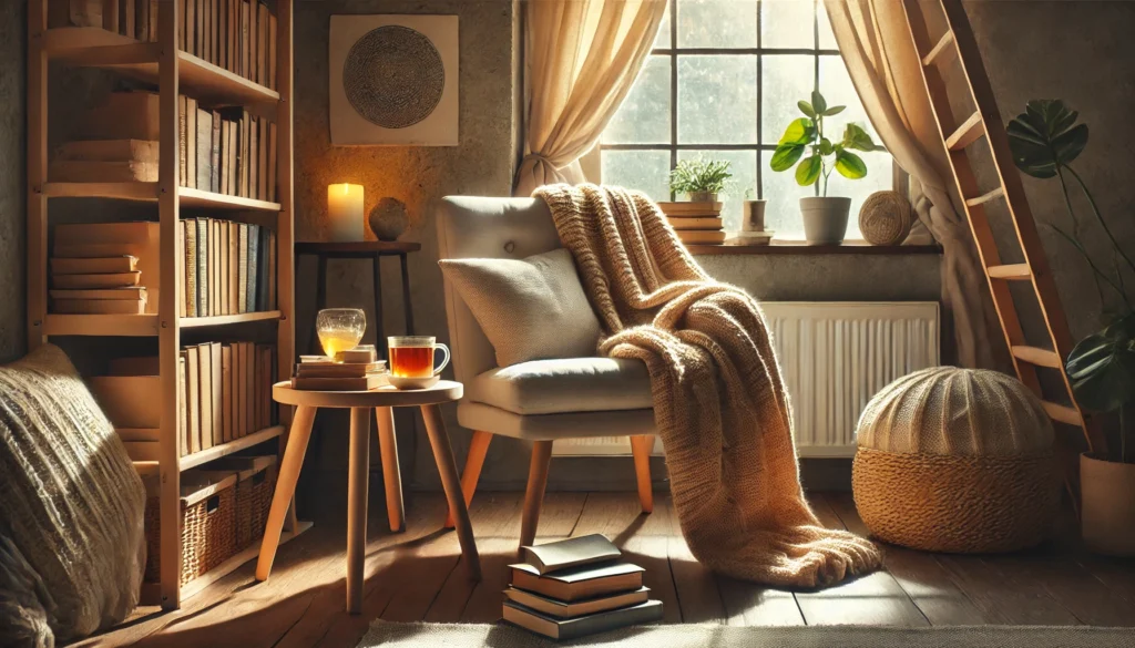 An inviting reading nook with a cozy chair, a blanket, a cup of tea on a small table, and warm natural light streaming in through a nearby window, promoting the idea of relaxation and mental unwinding.