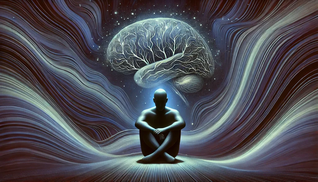 A person sits alone, enveloped by dark, abstract waves representing anxiety, with illuminated neural pathways highlighting cognitive processes impacted by stress