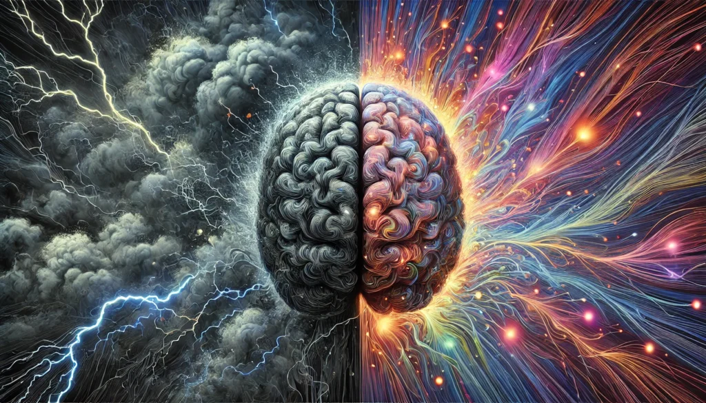 A split composition illustrating anxiety and cognition—one side depicting chaotic tangled thoughts, the other showing a calm, focused mind with clear neural pathways