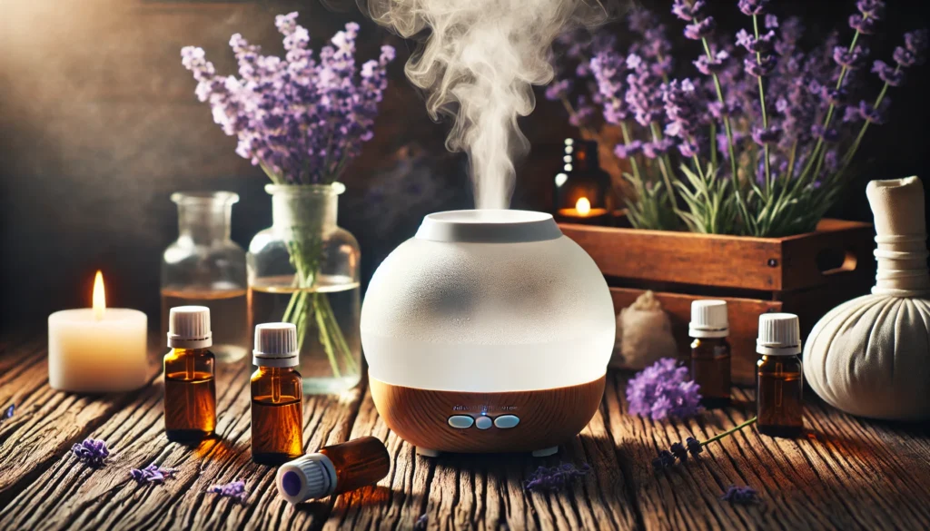 A close-up of a clear glass aromatherapy diffuser releasing soft mist, surrounded by sprigs of lavender and small essential oil bottles on a rustic wooden surface. The scene is warmly lit, evoking relaxation and natural serenity.