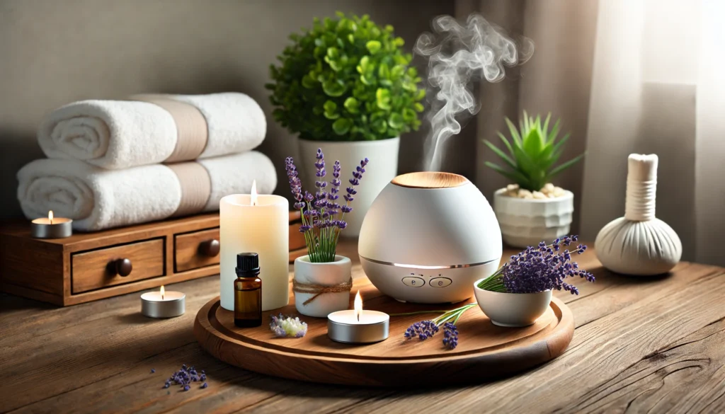 A calming spa-inspired arrangement featuring a wooden table with a lit candle, lavender flowers, and an essential oil diffuser emitting mist, complemented by rolled white towels and a potted plant for a serene ambiance.