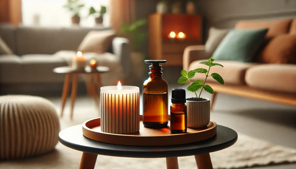 A modern aromatherapy setup featuring a small table with essential oils, including a peppermint oil bottle, next to a softly glowing candle. The background shows a peaceful living room, enhancing the tranquil ambiance.