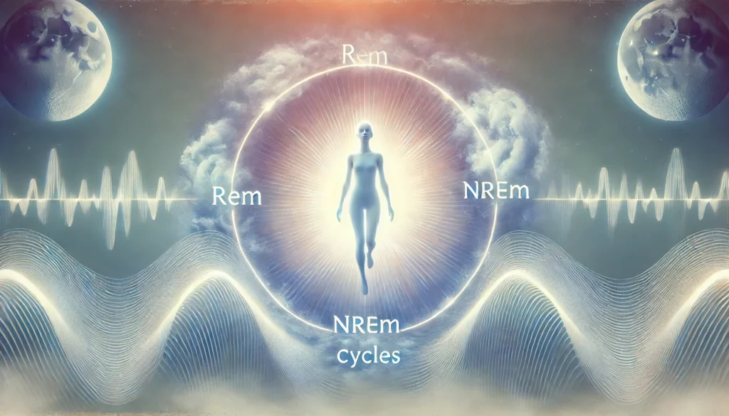 An ethereal depiction of a person in a dream state, surrounded by waves of light and shadow symbolizing REM and NREM sleep cycles. The tranquil gradients and soft colors convey the restorative nature of sleep stages.