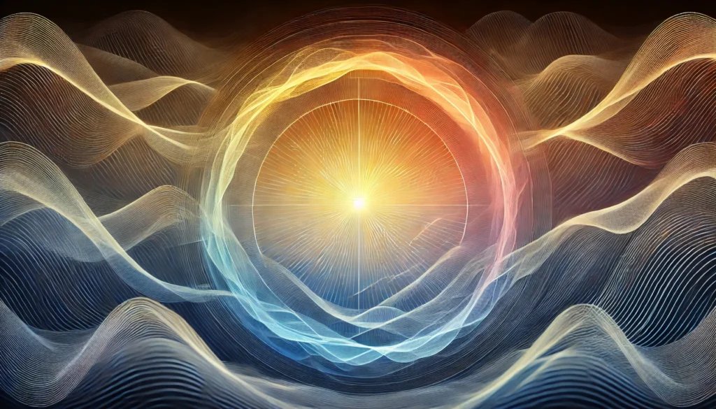 An abstract artistic visualization of the circadian rhythm cycle, with a gradient transitioning from warm sunrise hues to cool night blues and flowing wave patterns symbolizing the passage of time. No text or human figures.