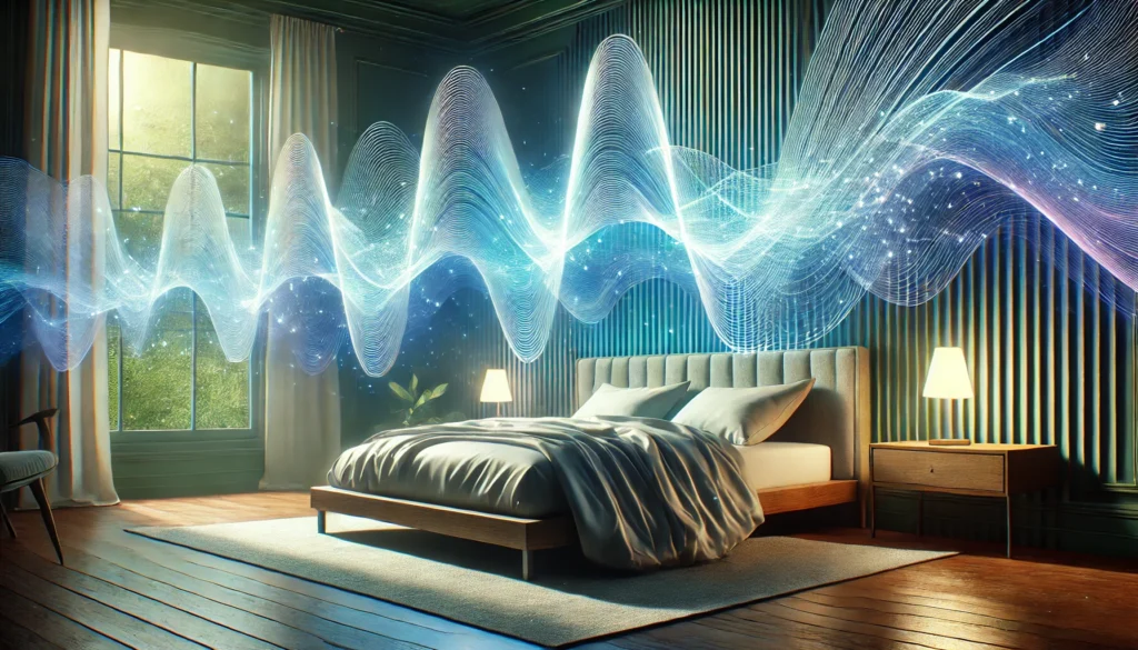 A conceptual artistic representation of sleep cycles inspired by deep sleep app data, featuring layered, glowing waves in calming colors. The waves float above a modern bed in a tranquil bedroom setting, combining futuristic design with a serene ambiance to emphasize restful sleep.