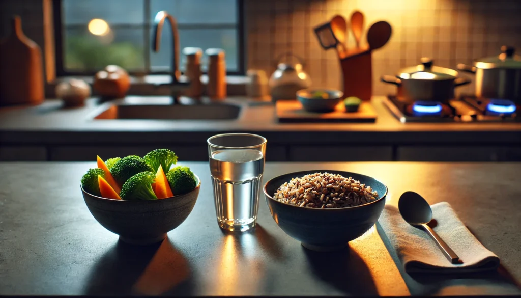 A modern kitchen countertop displaying a bowl of brown rice, steamed vegetables, and a small glass of water, bathed in soft evening lighting to create a calming and nutritious setting for a pre-sleep meal.