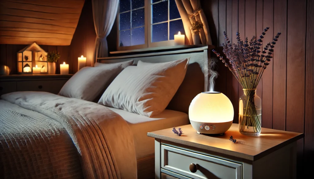 A cozy bedroom at night with a bedside table featuring a glowing lavender diffuser, neatly made bed with soft linens, and a window revealing a starry sky, promoting relaxation and sleep.