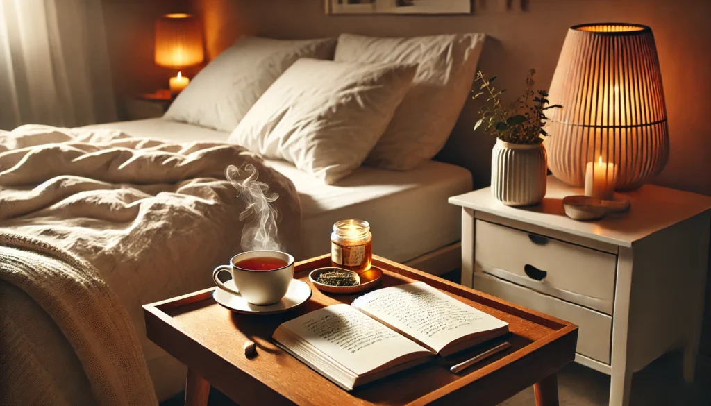 A tranquil bedroom setting featuring an open journal and a steaming cup of herbal tea on a bedside table. The room includes crisp white sheets, a cozy throw blanket, and soft, warm lighting, emphasizing relaxation and a calm bedtime routine.