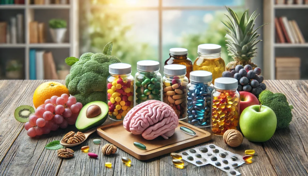 Wooden table with an arrangement of brain health supplement containers, including herbal capsules, fish oil, and colorful vitamins, surrounded by fresh fruits, nuts, and natural light from a nearby window