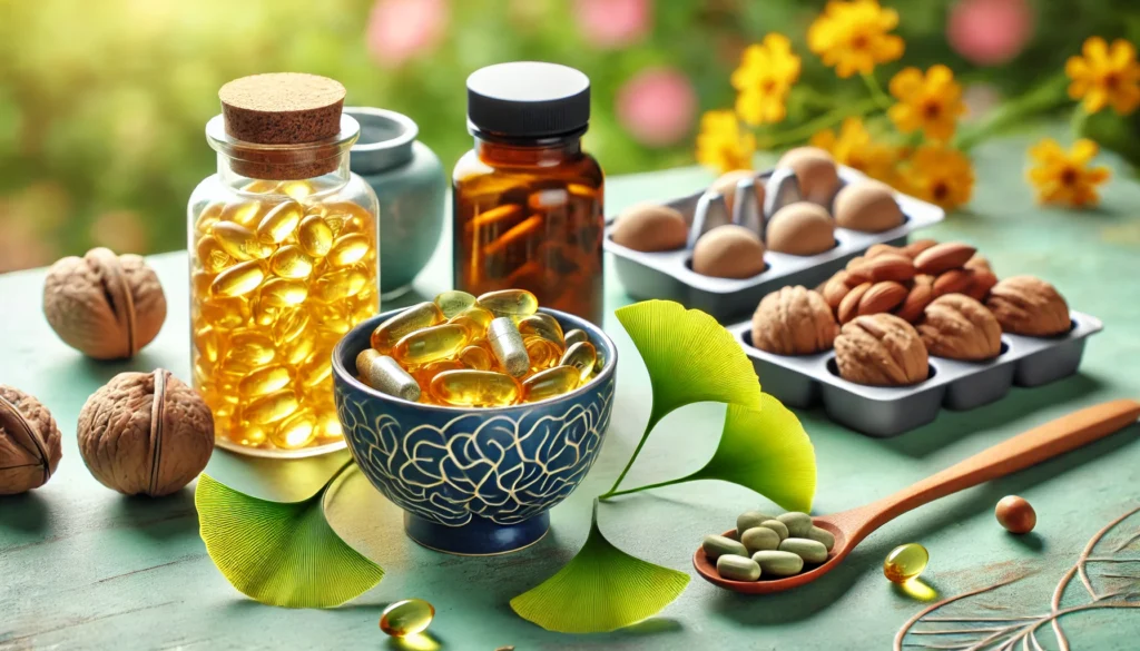 A close-up of a vibrant table showcasing memory supplements like omega-3 capsules, ginkgo biloba leaves, and nuts in a serene natural light setting, highlighting the best memory supplements for dementia