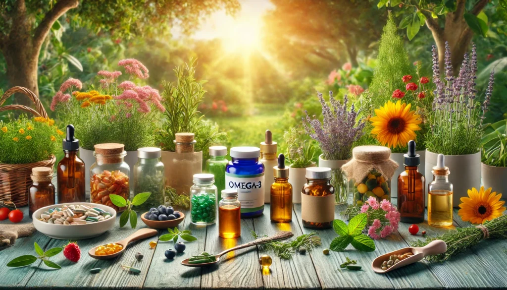 Outdoor garden table featuring a variety of brain health products such as omega-3 bottles, herbal tinctures, and natural supplements, surrounded by fresh herbs, berries, and soft sunlight in a nature-filled setting