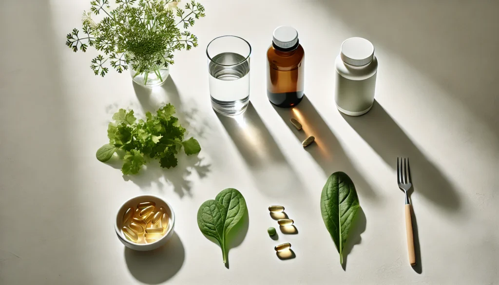 A minimalist flat lay featuring natural memory supplements such as vitamin bottles, leafy greens, omega-3 capsules, and a glass of water, emphasizing the best memory supplements for dementia in a calming and clean aestheti