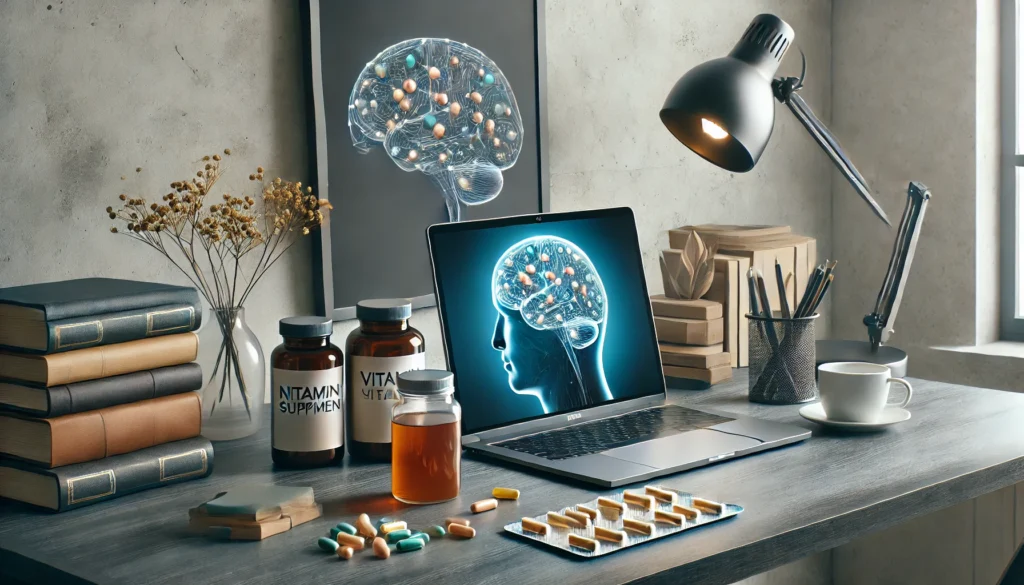 Modern desk setup showcasing brain health supplements, nootropic capsules, and vitamin bottles, accompanied by a laptop, cup of tea, and open books in a minimalist, productive atmosphere