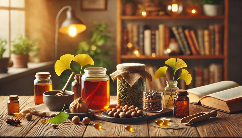 A cozy scene featuring a table with memory supplements like herbal tea, ginkgo biloba leaves, nuts, and omega-3 capsules, symbolizing the best memory supplements for dementia with a warm and inviting ambiance