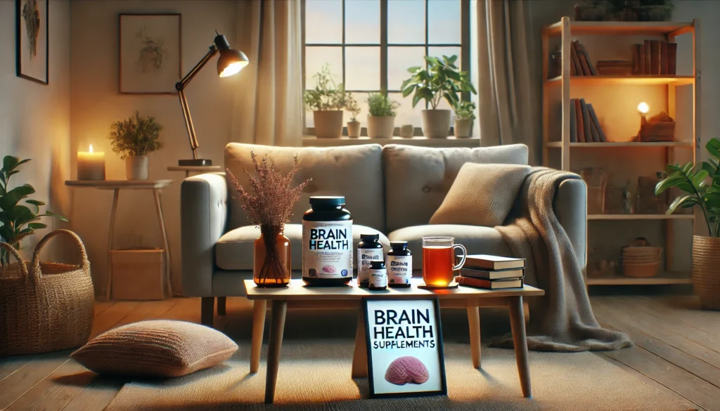 Relaxing home setup with brain health supplements displayed on a small table, surrounded by a cozy couch, stack of books, a cup of herbal tea, and soft ambient lighting for a calm and inviting vib