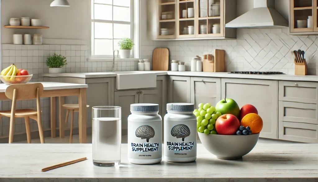 Clean, modern kitchen with brain health supplement containers neatly arranged next to a bowl of fresh fruits and a glass of water, highlighting a health-conscious lifestyle with soft natural lighting