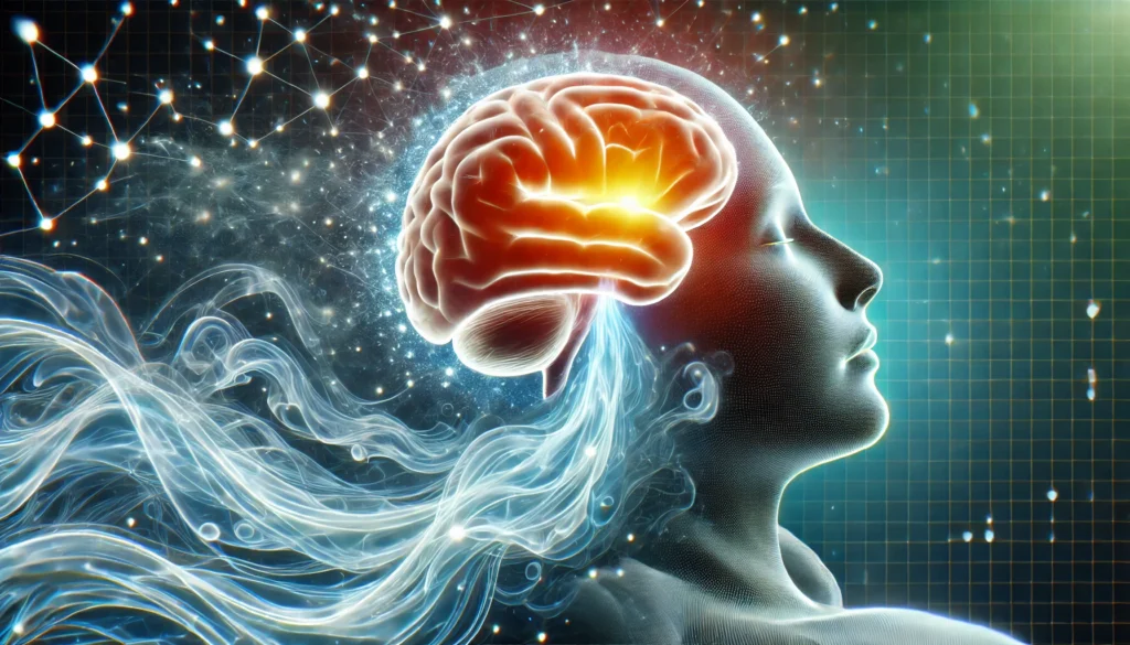 A futuristic visualization of brain detoxification, depicting a glowing brain with fluid-like energy waves flowing through it, symbolizing the removal of toxins and cognitive restoration.