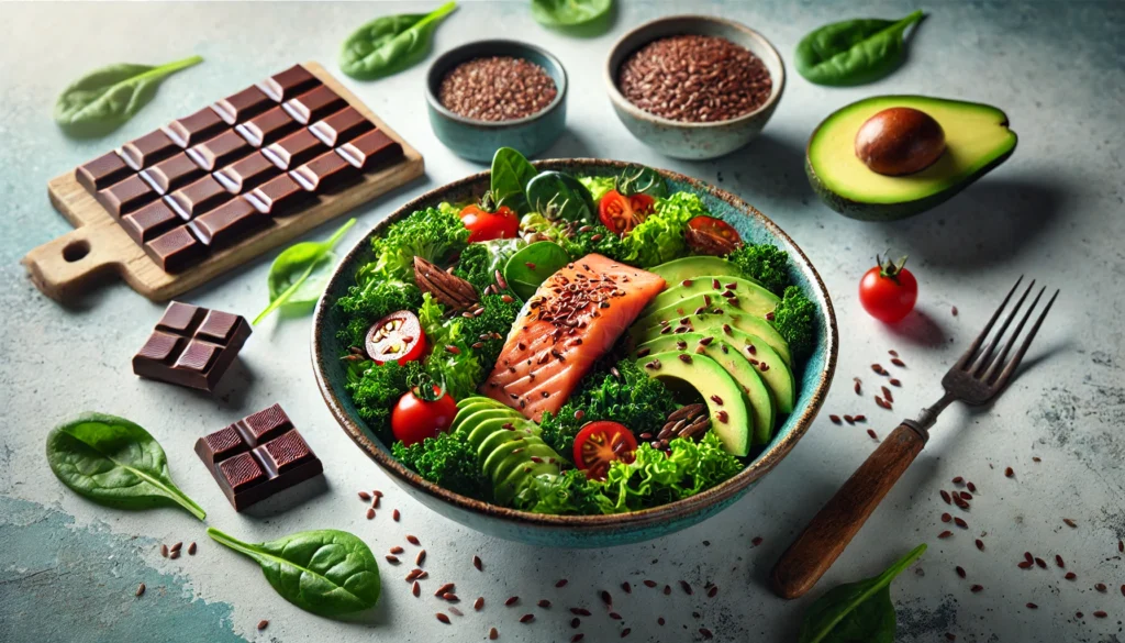 A well-organized kitchen counter displaying brain foods: sliced avocado, bowls of berries, nuts, seeds, honey, and green tea, in a bright modern kitchen with natural sunlight